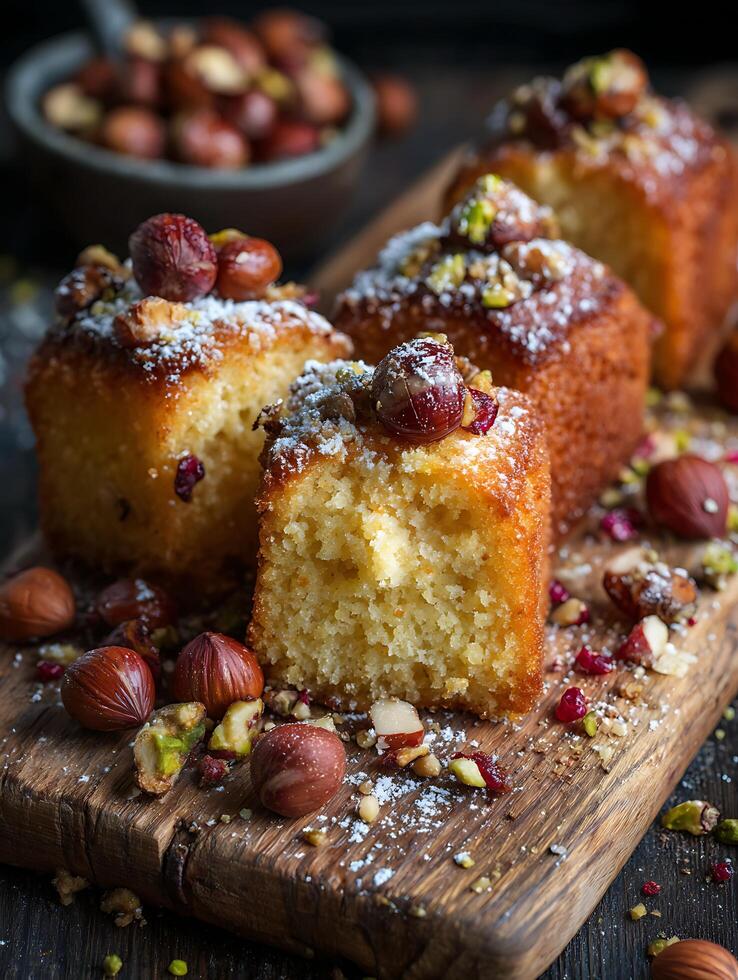 Delicious Hazelnut and Pistachio Cake on Rustic Wooden Board Close Up Photography. photo