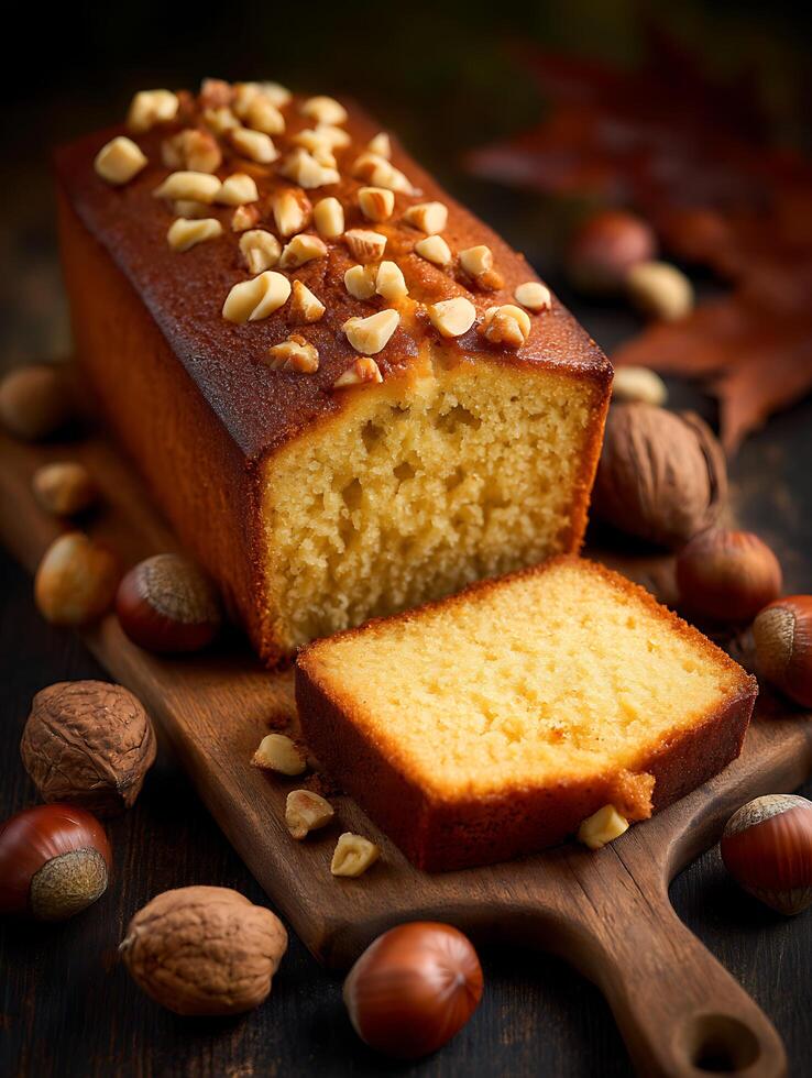 Delicious Hazelnut Loaf Cake A Close Up of Homemade Baked Goods. photo