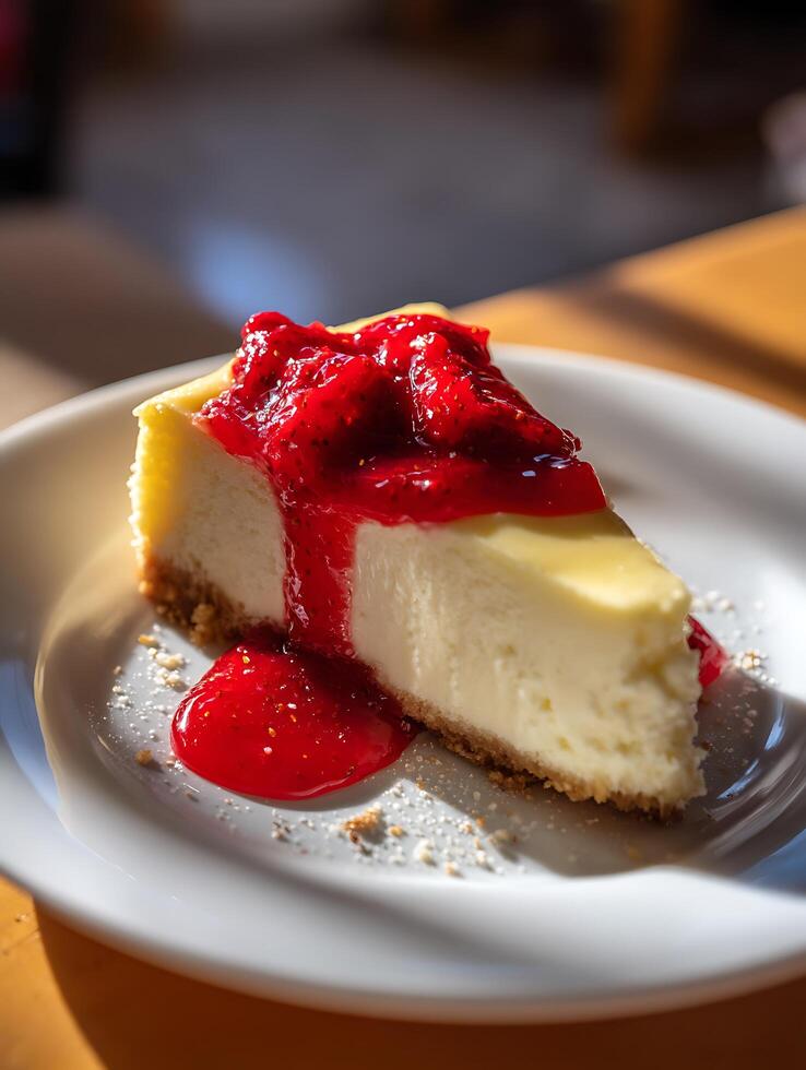 Delicious Slice of Cheesecake Topped with Strawberry Sauce. A close up photo of a creamy cheesecake with a generous topping of vibrant red strawberry sauce.