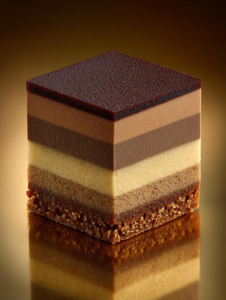 Layered Chocolate Dessert Cube A Close Up of Delicious Confectionery. photo