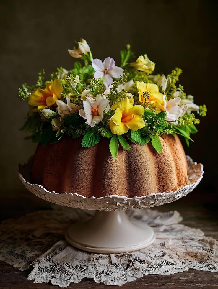 Bundt Cake Decorated with a Springtime Floral Arrangement. A delicious-looking bundt cake is adorned with a vibrant mix of yellow and white flowers. photo