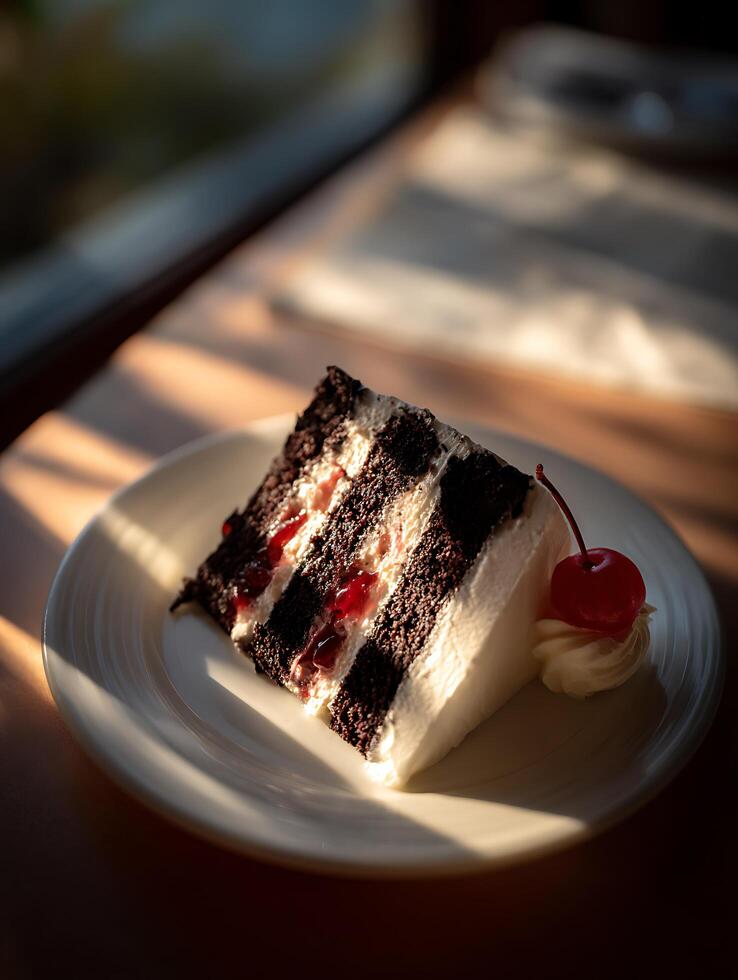 Delicious Slice of Black Forest Cake with Cherry Garnish, Illuminated by Sunlight. photo