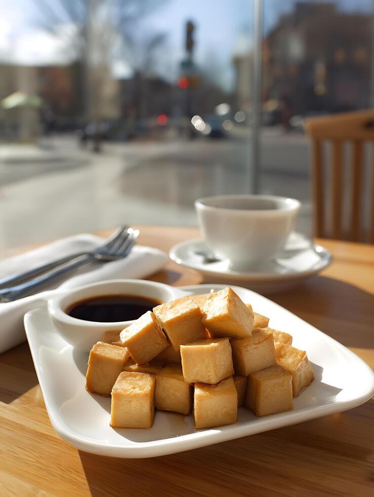 Pan-Fried Tofu Cubes with Soy Sauce on a White Plate. A close up image of delicious food served at a cafe. photo