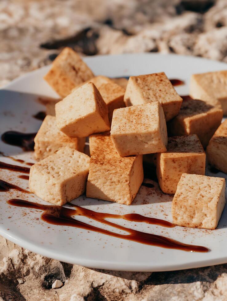 Close up of Pan-Fried Tofu Cubes with Sweet Sauce on a Plate. photo