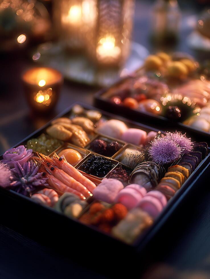 Osechi Ryori A Luxurious Japanese New Year's Feast. Close up of a beautifully arranged selection of traditional dishes. photo