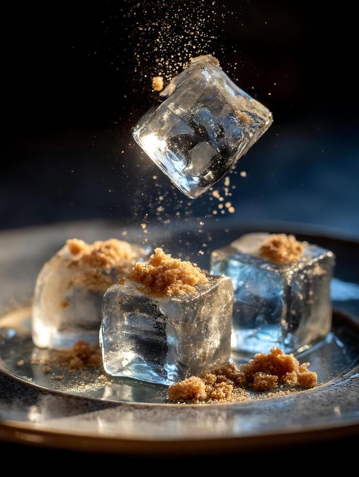 Ice Cubes with Brown Sugar Falling and Landing on a Plate. photo