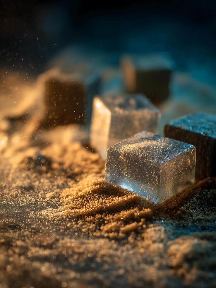 Sparkling Ice Cubes on Golden Sand A Close Up Study of Texture and Light. photo