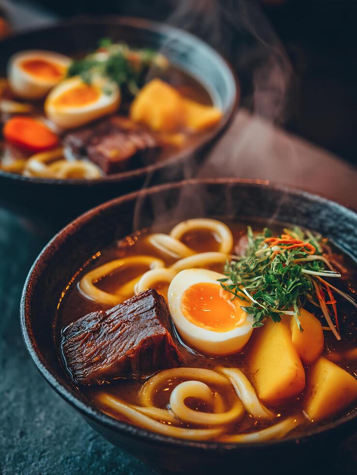 Close Up of Two Bowls of Steaming Asian Noodle Soup. photo