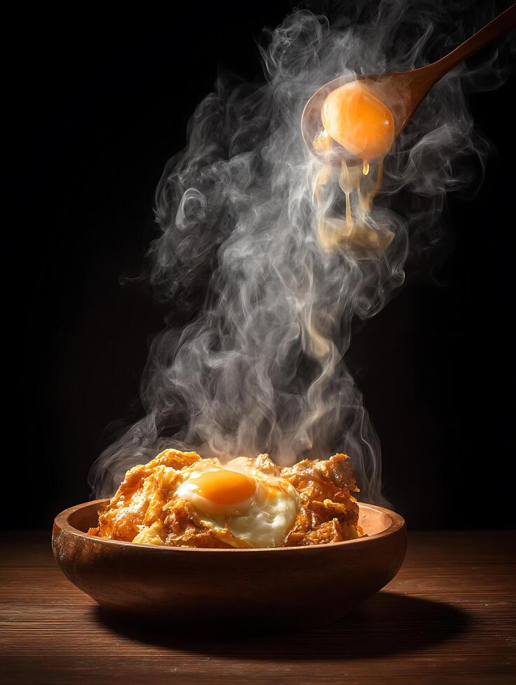 Steaming Hot Dish with Fried Egg and Curry in Wooden Bowl. A culinary image showcasing a delicious meal. photo