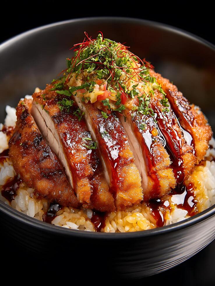 Delicious Katsudon Close Up of Crispy Pork Cutlet on Rice with Glaze. photo