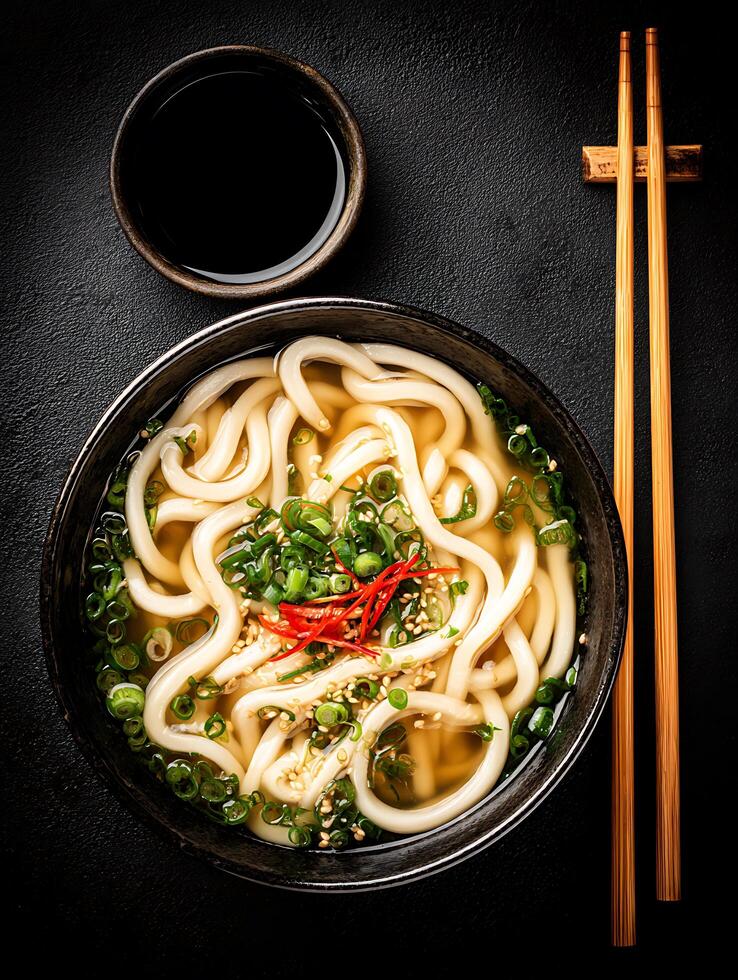 Delicious Udon Noodle Soup in a Dark Bowl with Chopsticks and Soy Sauce. photo