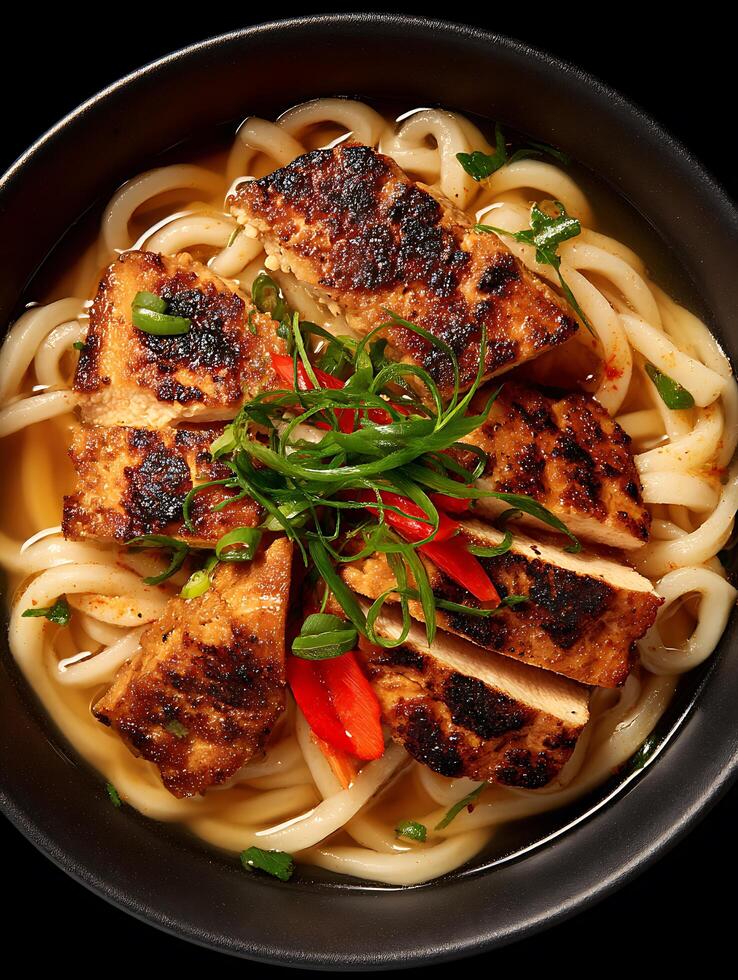 Delicious Grilled Chicken Udon Noodle Soup in a Black Bowl. photo