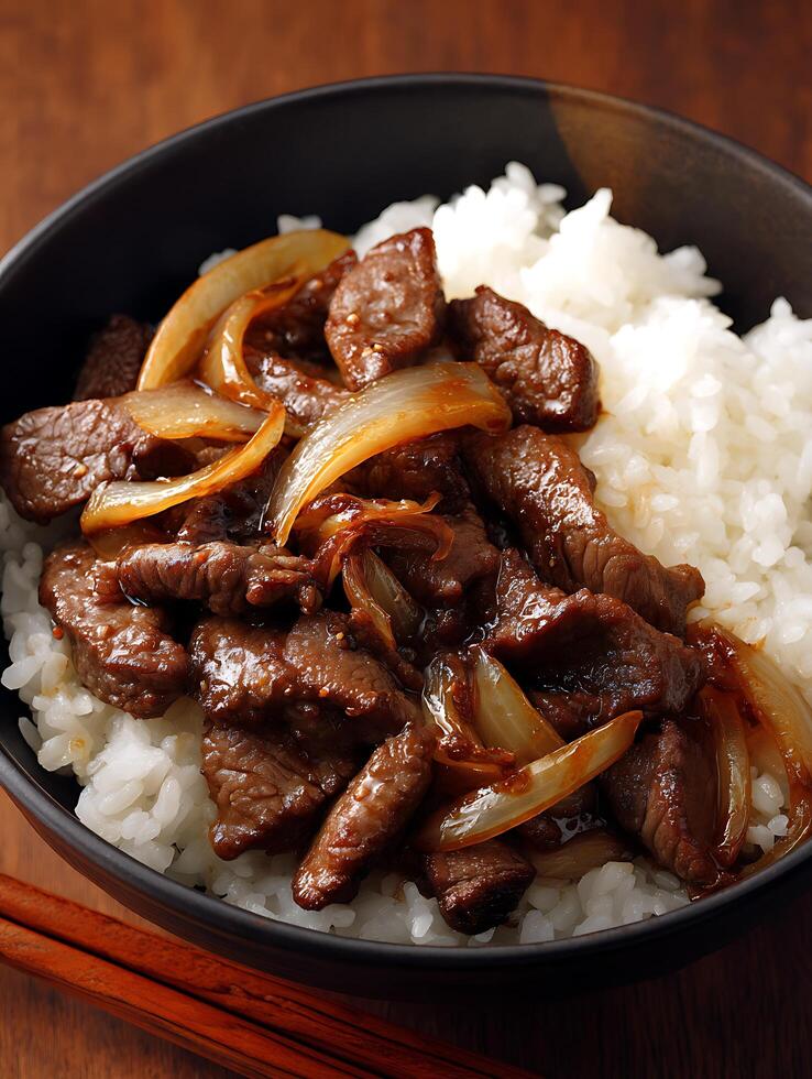 Delicious Beef and Onion Stir-fry Served over Fluffy White Rice. photo
