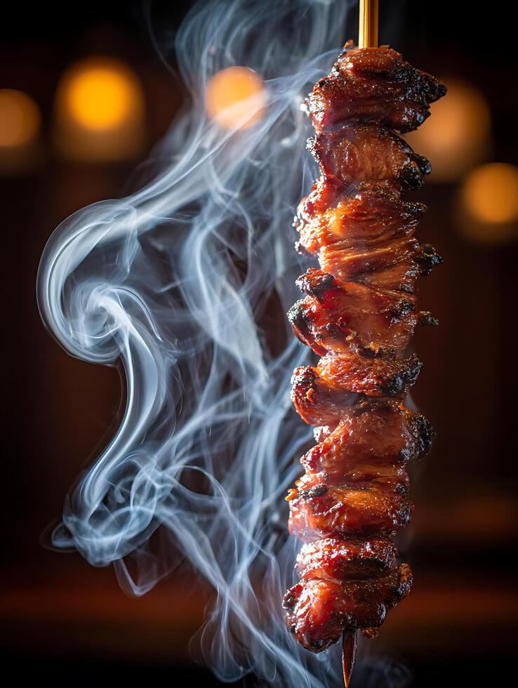 Smoky Grilled Meat Skewer Close Up Delicious BBQ Food Photography. photo