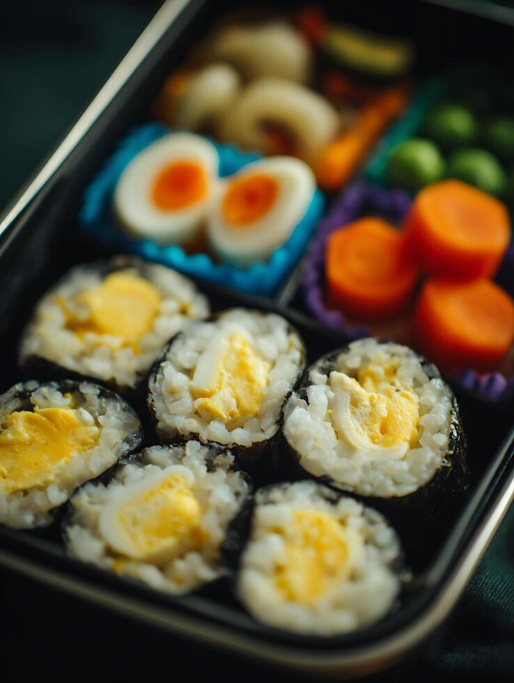 Close up of a Bento Box with Egg and Rice Sushi Rolls and Vegetables. photo