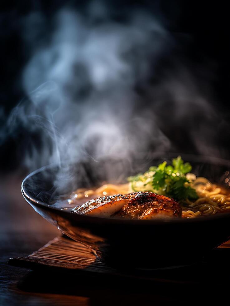 Steaming Bowl of Ramen Noodles with Grilled Chicken. A close up photograph of a delicious and aromatic bowl of ramen. photo