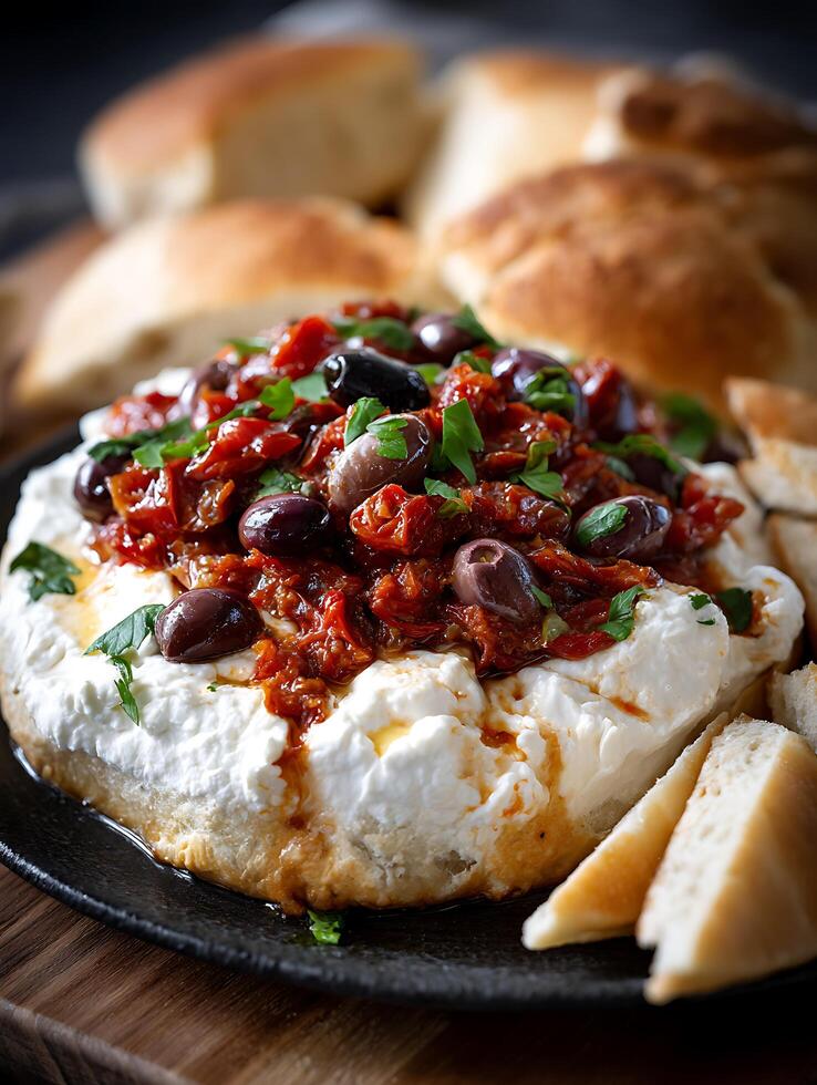 Creamy Whipped Feta Dip with Roasted Tomatoes and Olives, Served with Crusty Bread. photo