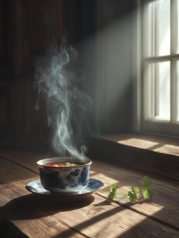 Steaming Hot Soup in Vintage Cup Near Window, Rustic Wooden Table. photo