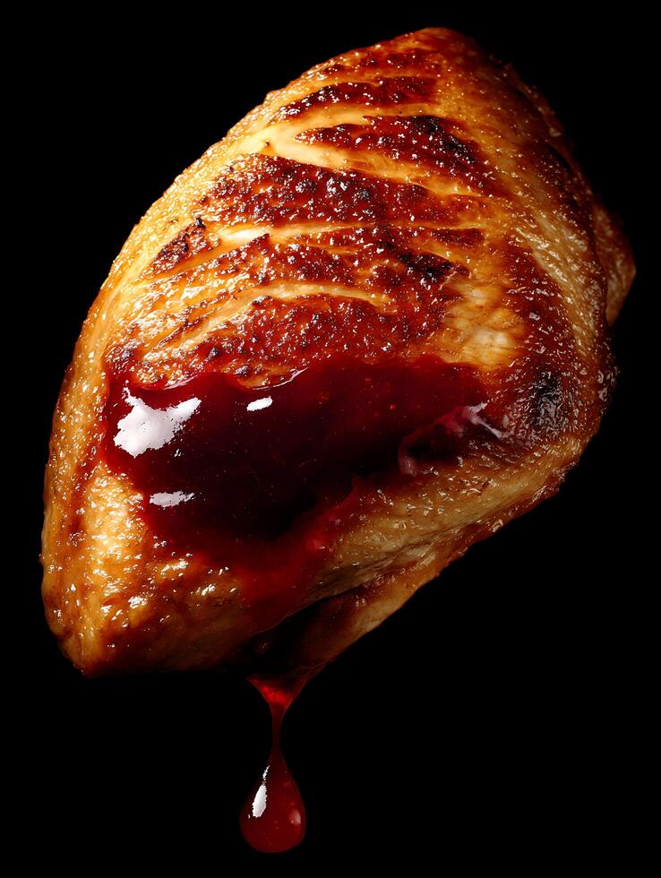 Close up of grilled chicken breast with red sauce dripping down, isolated on black background. photo
