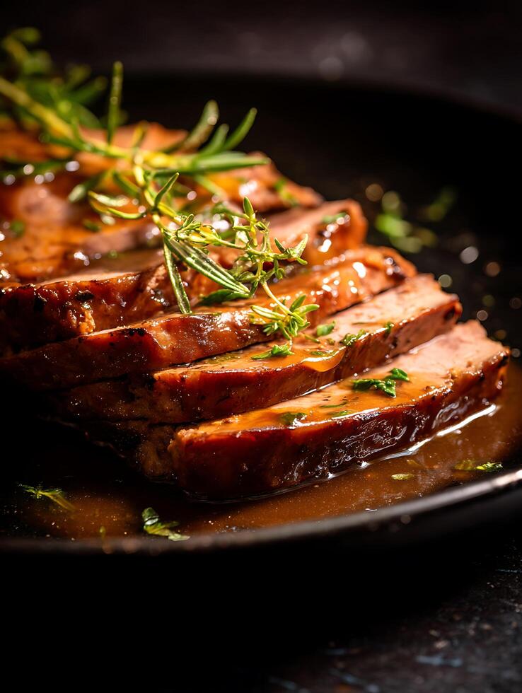 Sliced Roast Beef with Rosemary and Thyme in Rich Gravy. A close up image of delicious roasted beef, perfect for culinary websites and restaurant menus. photo