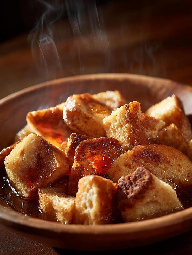 Golden Brown Bread Pudding with Warm Syrup in Rustic Bowl. photo