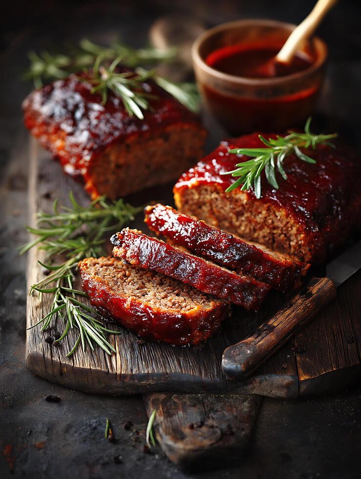 Sliced Barbecue Meatloaf with Rosemary and Glaze on Rustic Wooden Board. photo