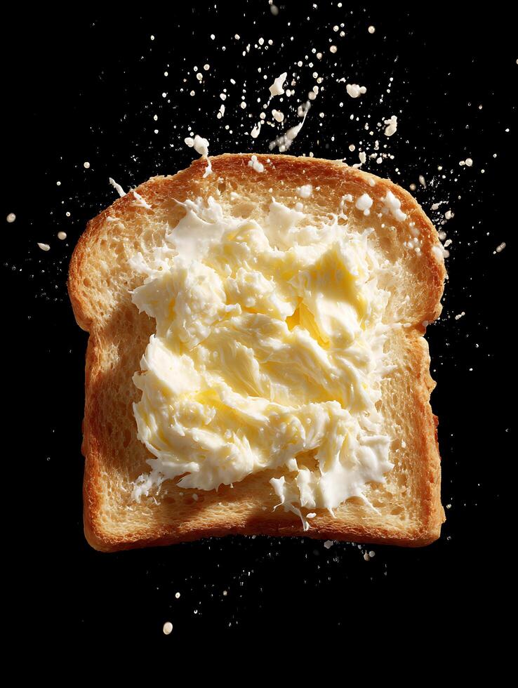 Close up of Buttered Toast with Butter Splashing. A delicious image of a slice of toasted bread with butter melting and splashing. photo