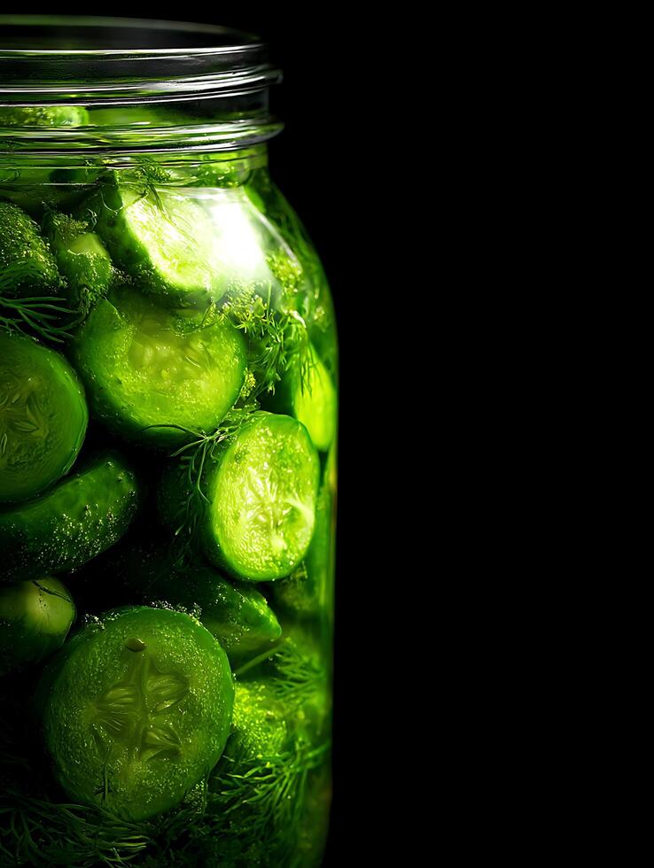 Close up of Pickled Cucumbers in a Glass Jar, Vibrant Green Food Photography. photo