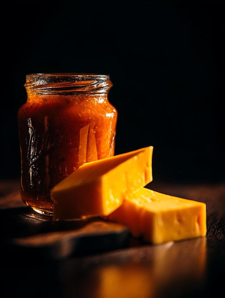 A Jar of Orange Marmalade and Cubes of Cheddar Cheese on a Dark Wood Surface. photo