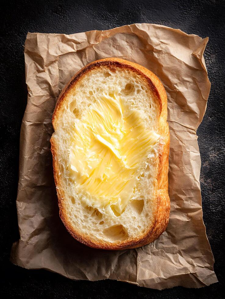 Buttered Bread Slice on Brown Paper, Close Up Food Photography. photo