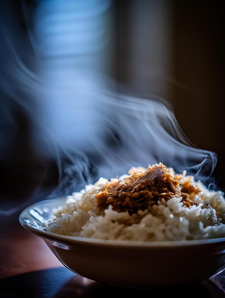 Steaming Bowl of Rice with Savory Topping, Close Up Food Photography. photo