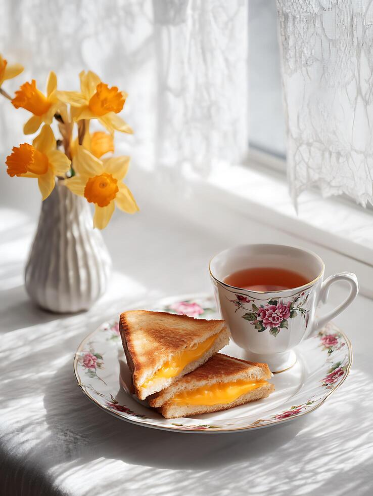 A Cozy Afternoon Tea Scene with Grilled Cheese and Daffodils. photo