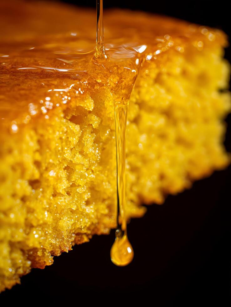 Honey Drizzling onto Golden Cake A Close Up of Sweet Indulgence. photo