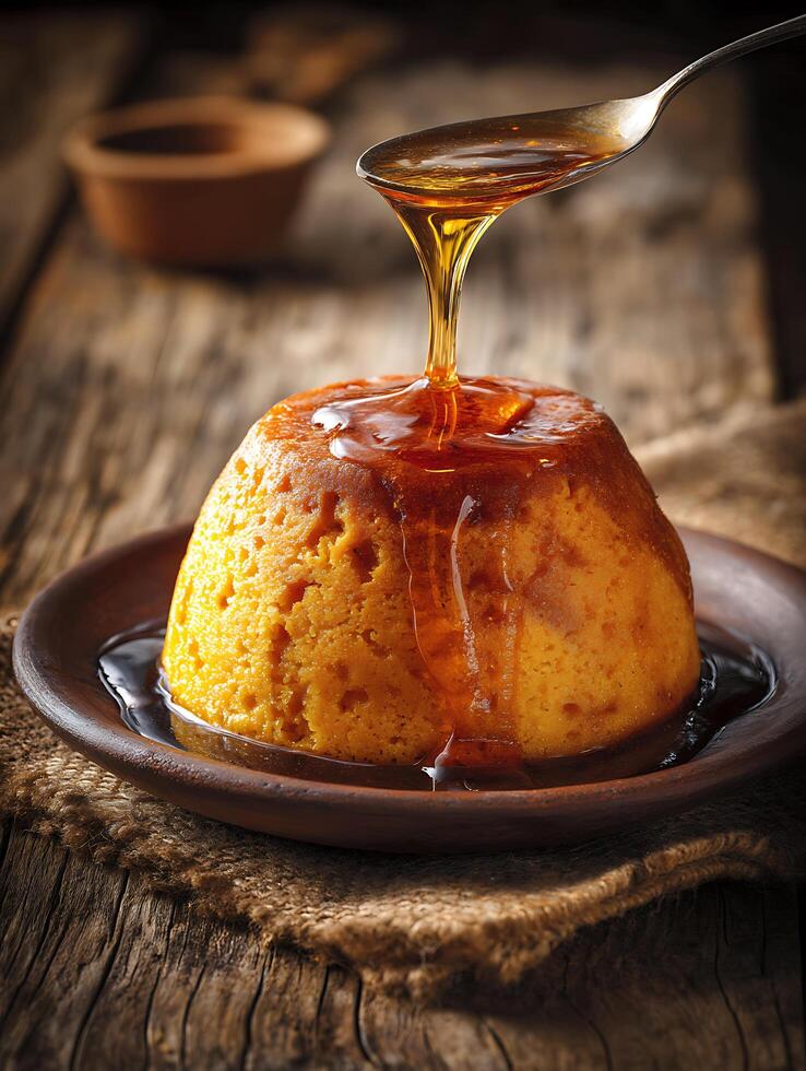 Golden Syrup Pudding A Close Up of Delicious Dessert with Honey Glaze. photo