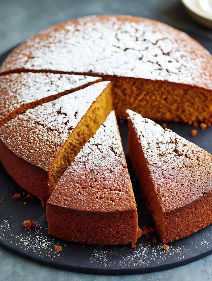 Slices of Delicious Homemade Cake with Powdered Sugar. A close up image of a freshly baked cake, perfect for food blogs or recipe websites. photo