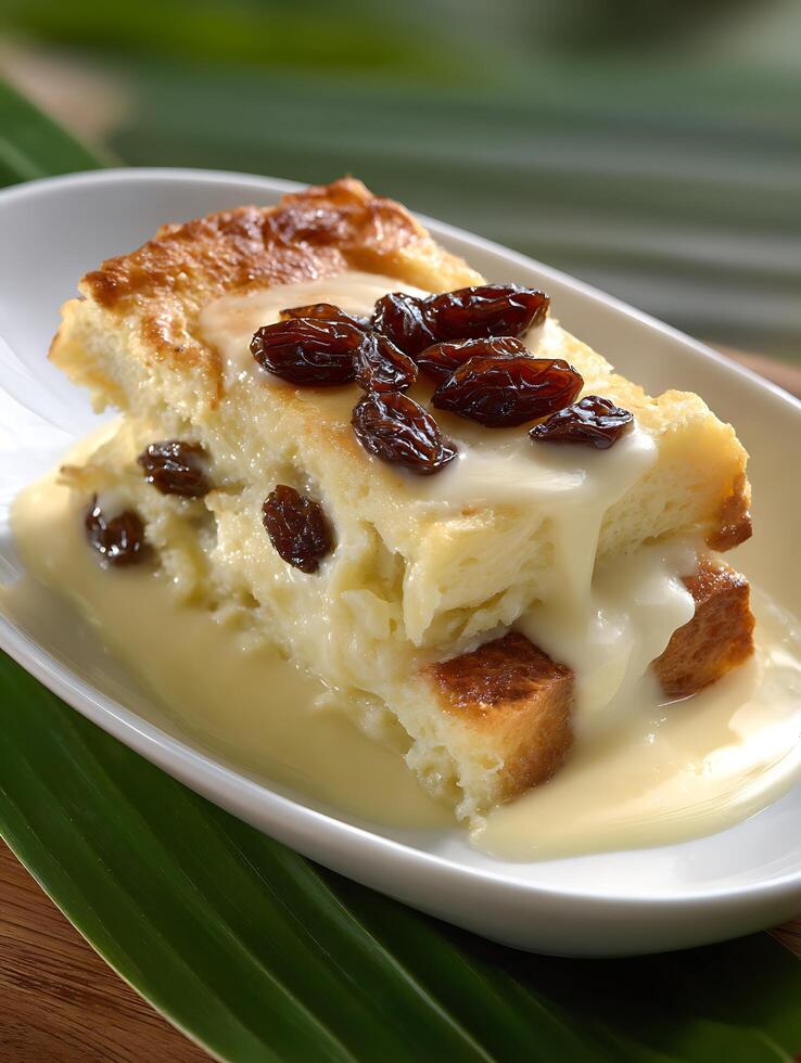 Delicious Bread Pudding with Raisins and Creamy Sauce, Close Up Food Photography. photo