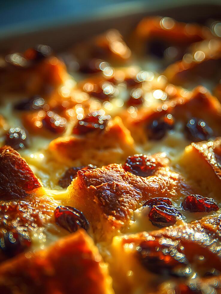 Close up of Sweet Bread Pudding with Raisins, Golden Brown and Delicious. photo