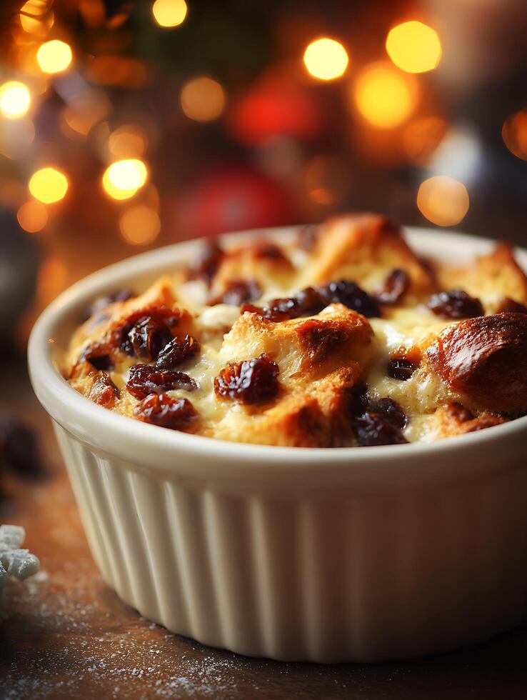 Delicious Christmas Bread Pudding in a White Ramekin, Festive Lights Background. photo