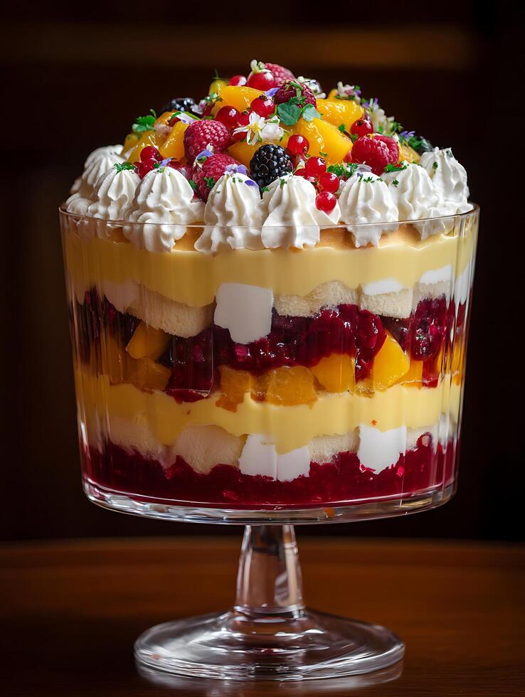 Delicious Trifle Dessert in Glass Bowl, Layered with Cream, Cake, and Fresh Berries. photo