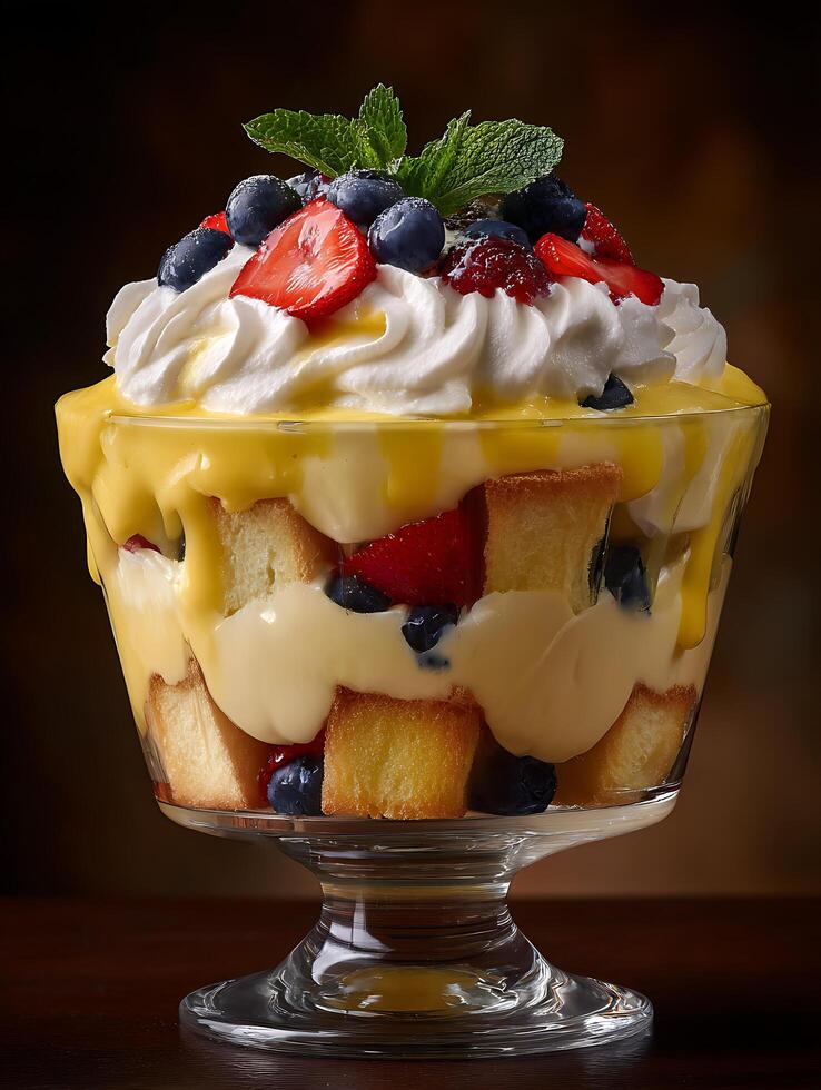 Delicious Trifle Dessert in Glass Bowl Close up of layered cake, custard, whipped cream, strawberries and blueberries. photo