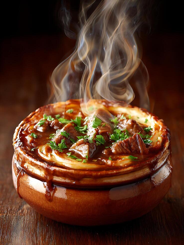 Steaming Hot Pot of Beef Stew with Mashed Potatoes Topping. photo