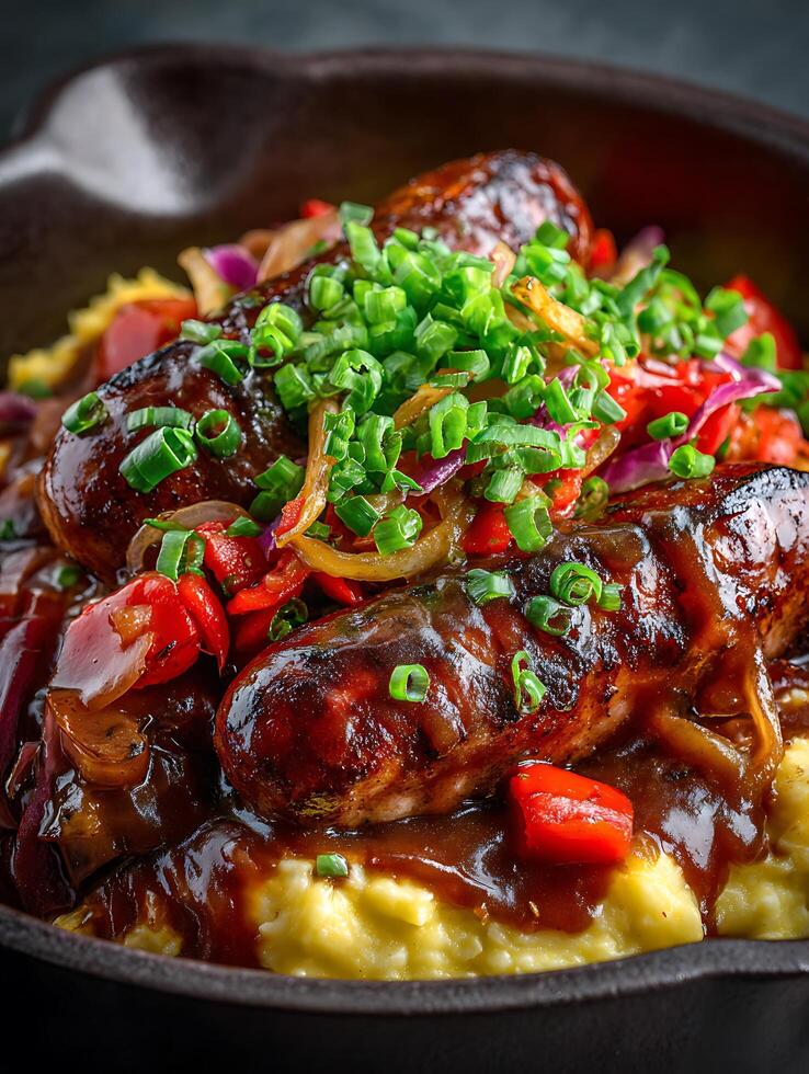 Close Up of Grilled Sausages with Mashed Potatoes and Roasted Vegetables. photo