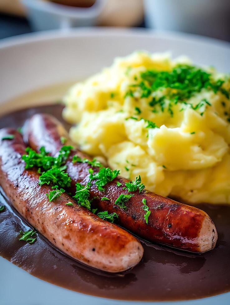 Close up of delicious sausages with mashed potatoes and gravy. A mouthwatering image perfect for food blogs and restaurant menus. photo