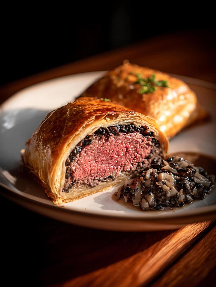 Delicious Beef Wellington Slices with Mushroom Duxelles. A close up showcasing the flaky pastry and succulent beef. photo