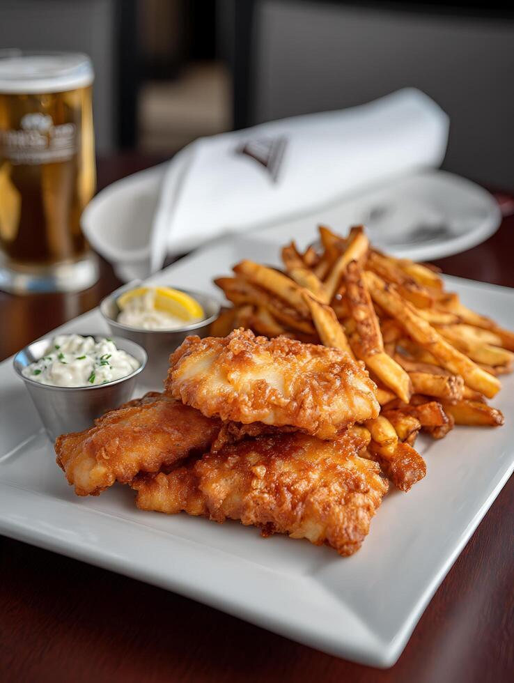 Delicious Crispy Fish and Chips with Tartar Sauce and Lemon Wedge. A mouthwatering close up of a classic pub meal. photo