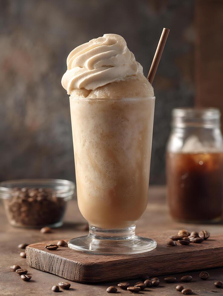 Iced Coffee with Whipped Cream Refreshing Summer Beverage. photo