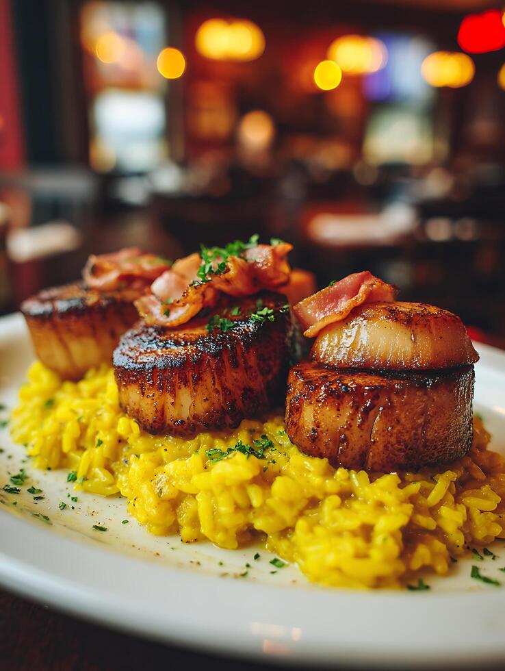 Seared Scallops with Saffron Risotto and Crispy Bacon. A gourmet seafood dish, perfect for a restaurant menu or food blog. photo