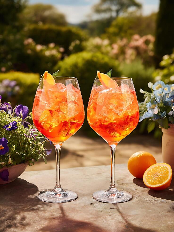Two Aperol Spritzes on a Sunny Terrace. A refreshing summer cocktail scene. photo