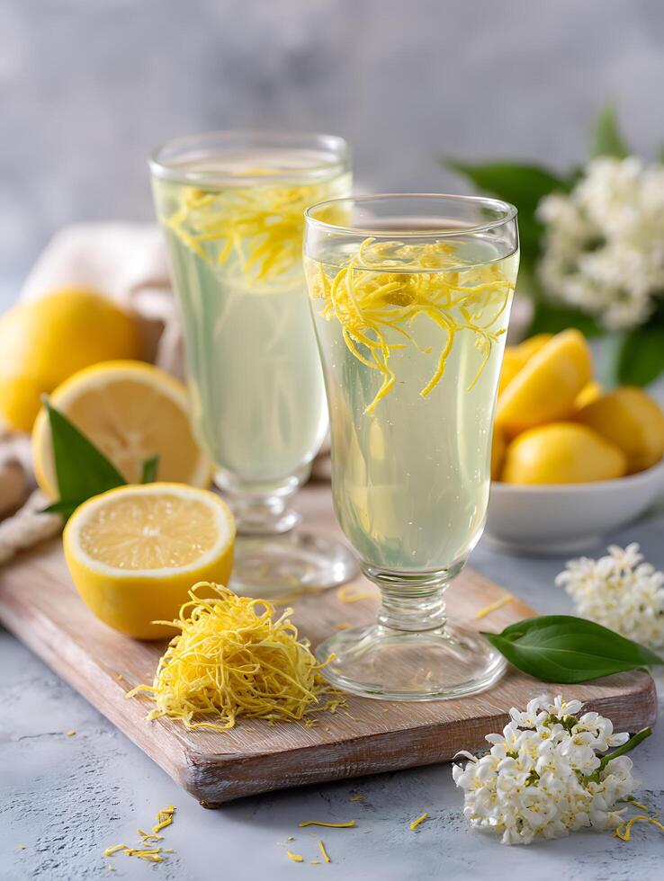 Refreshing Lemon Zest Infused Drink in Elegant Glasses. A close up of two glasses of lemon-zest infused beverage, accompanied by fresh lemons and white flowers. photo