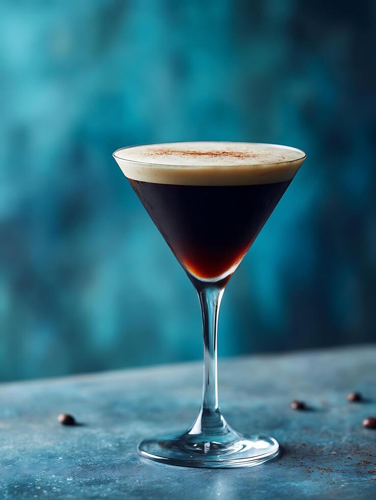 Espresso Martini Cocktail in a Martini Glass, Close Up. A refreshing and sophisticated coffee cocktail. photo